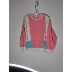 Vintage Color Block Shirt Peach Aqua White Top Womens Size L Granny